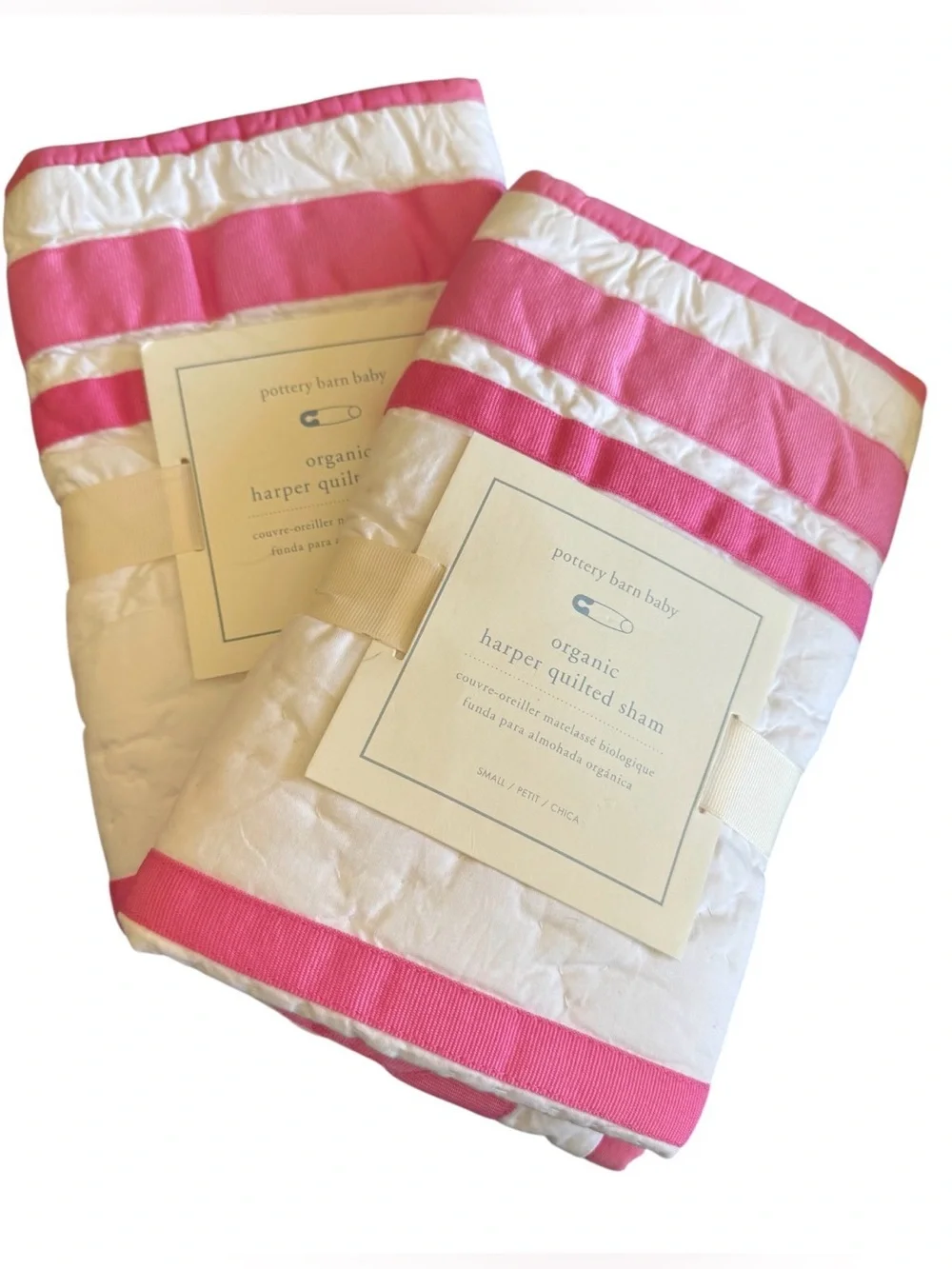 NWT 2 Pottery Barn Baby Harper Pink Ribbon Trim Quilted Pillow Shams Covers